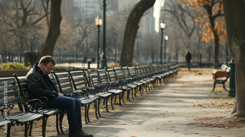 Man sitting alone on park bench with worried expression, surrounded by empty benches, capturing loneliness and uncertainty of unemployment.