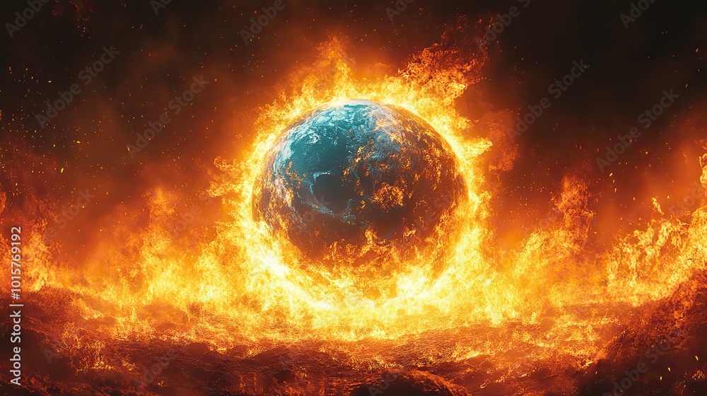Obraz premium A cartoon illustration showing the planet Earth engulfed in flames, representing the urgent crisis of global warming and the planet's deteriorating condition.