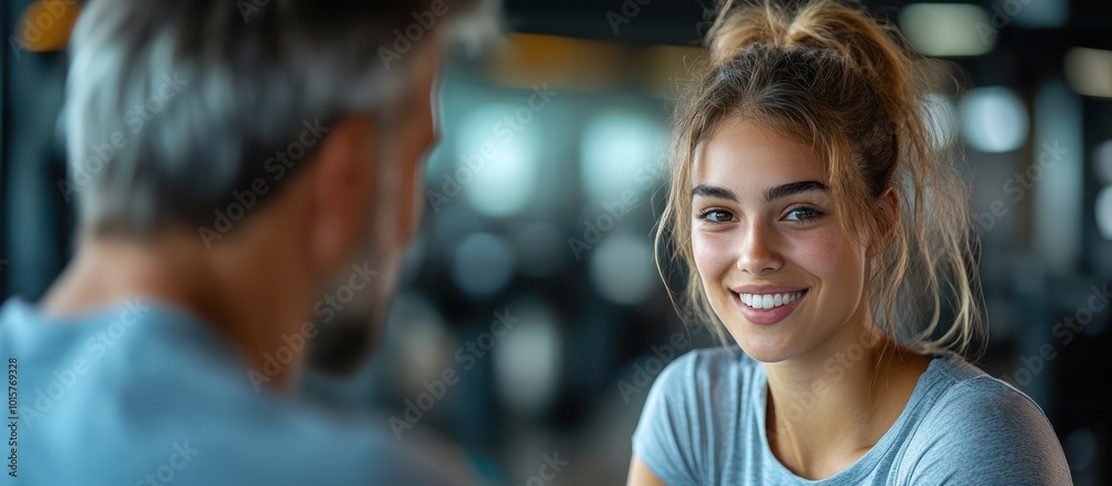 A woman with a bright smile looks at a man in the background, with a gym equipment in blur. A woman with a bright smile looks at a man in the background, with a gym equipment in blur.