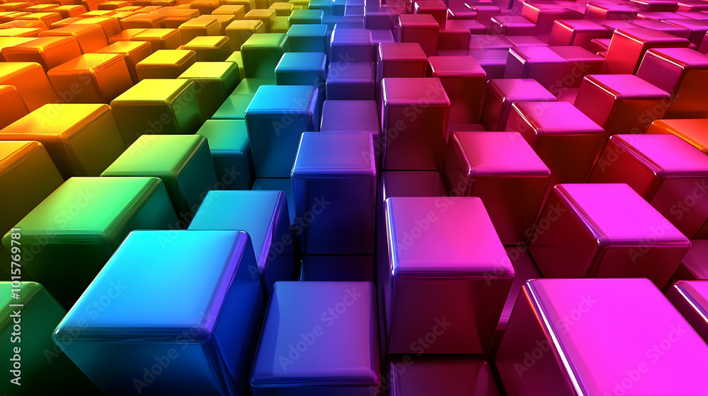 Abstract 3D Background with Shiny Cubes in Rainbow Gradient, Forming a Geometric Pattern Abstract 3D Background with Shiny Cubes in Rainbow Gradient, Forming a Geometric Pattern