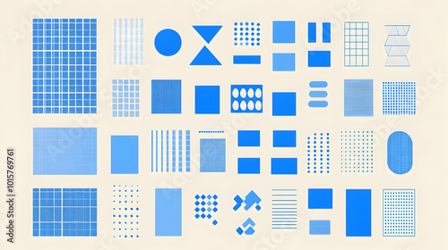 Collection of Blue Geometric Shapes and Patterns in a Grid Arrangement on a Light Background