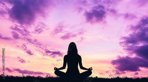 Silhouette of Woman Meditating at Sunset