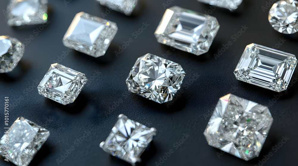 Close-up View of Sparkling Diamonds on a Black Surface, Each Gemstone Reflecting Light in a Unique Way, Creating a Stunning Display of Brilliance and Luxury. Close-up View of Sparkling Diamonds on a Black Surface, Each Gemstone Reflecting Light in a Unique Way, Creating a Stunning Display of Brilliance and Luxury.