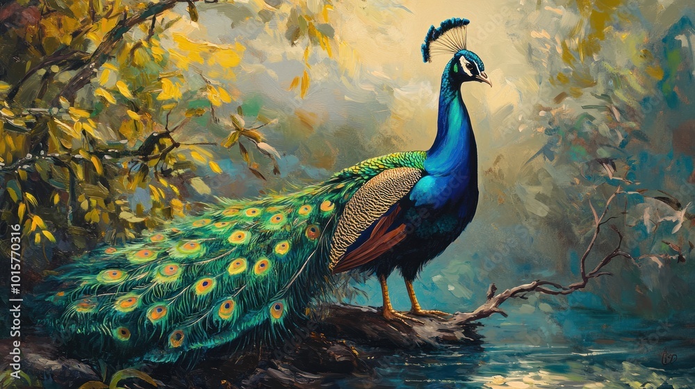 Fototapeta premium A Majestic Peacock in a Tranquil Forest Setting