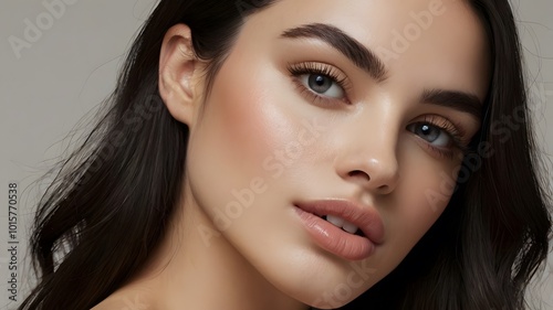 Portrait of a woman with dark hair, makeup, and pearl earrings on a grey background. Suitable for beauty or fashion concepts.