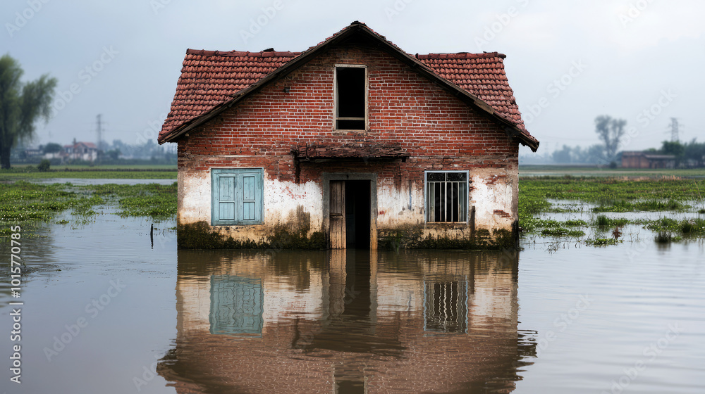 Fototapeta premium House Submerged in Rising Water During Heavy Monsoon