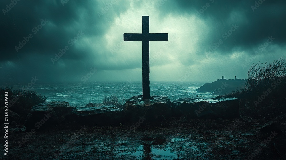A Christian cross stands tall against a backdrop of dark, stormy skies, symbolizing hope and resilience in challenging times. A Christian cross stands tall against a backdrop of dark, stormy skies, symbolizing hope and resilience in challenging times.