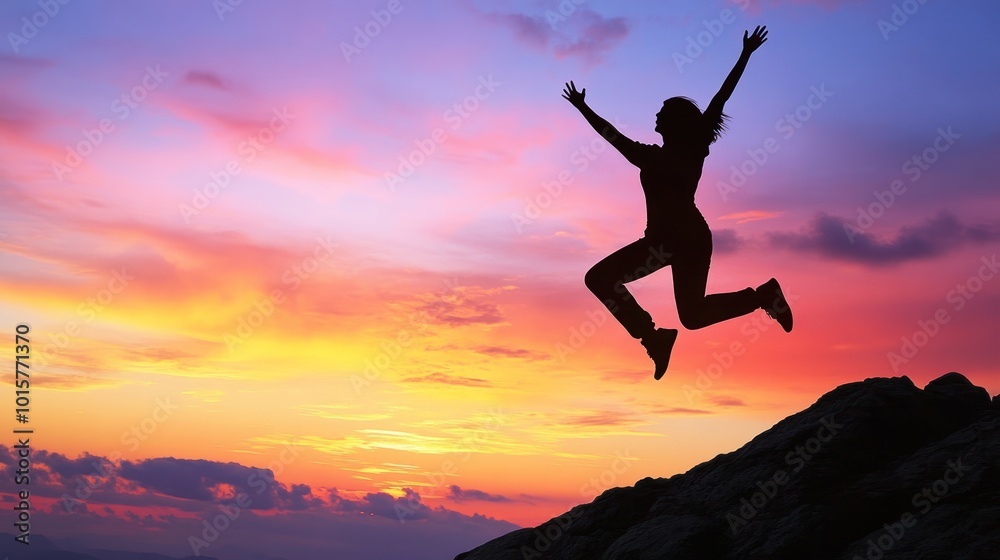 Silhouette of a Woman Jumping at Sunset Silhouette of a Woman Jumping at Sunset