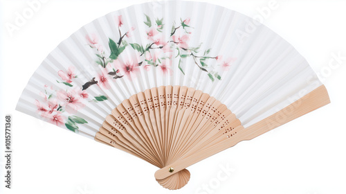 Chinese fans with flowers and bamboos. Wooden sticks. High res. Symbolize culture. Isolated bg.