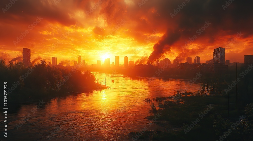 Fototapeta premium A city suffers the devastating effects of climate change, reflecting the possible end of civilization as we know it.