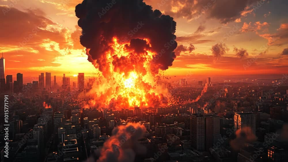 A large explosion erupts over a city skyline at sunset, sending a plume of smoke and fire into the air