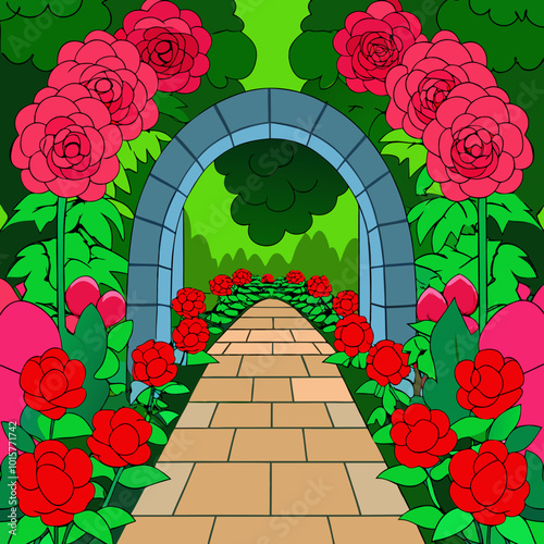A lush green garden path surrounded by an archway