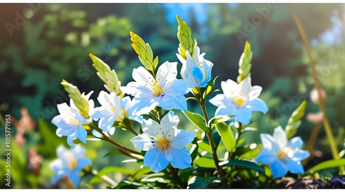  flowers blooming in spring, easter time against a natural sunny blurred garden banner background of blue and white