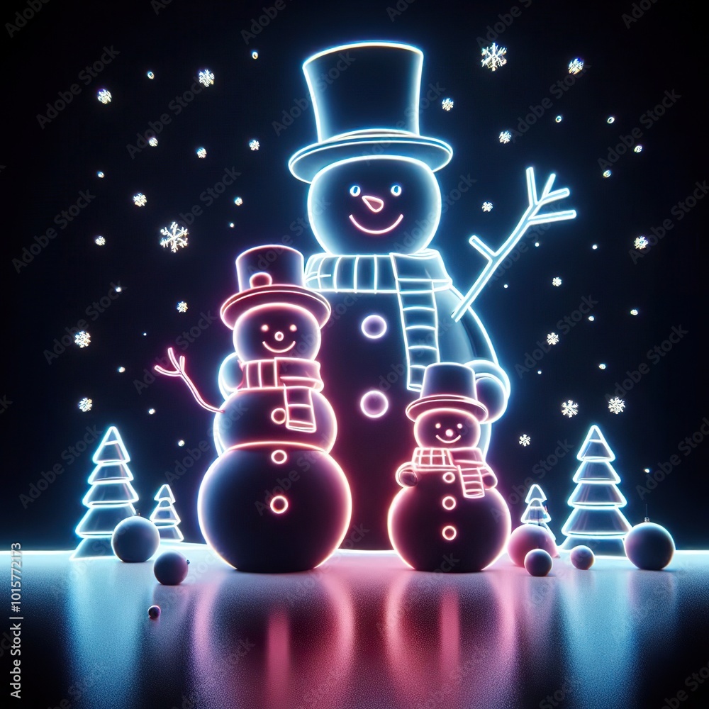 Naklejka premium A Beautiful snowman family on a black background. 3D rendering. Neon lights