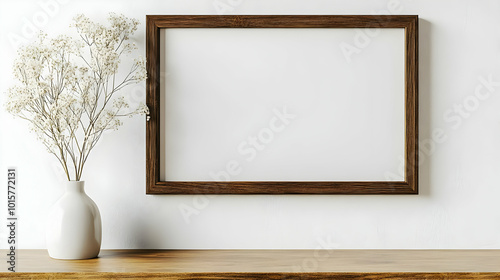 A White Vase with Dried Flowers Beside a Brown Picture Frame on a White Wall and Wooden Table