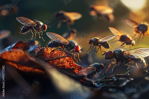 A close-up reveals the distinctive traits of phorid flies as they buzz around decaying foliage, highlighting nature's recycling process. photo