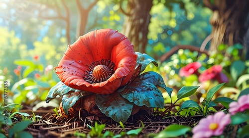 Rafflesia   flower  flowers blooming in spring, easter time against a natural sunny blurred garden banner background of blue and white