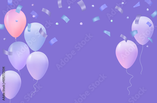 Balloons with confetti flying up. Composition for card design, festive confetti scattered around balloons. Decoration for a big event, birthday, anniversary, carnival. Vector 3d banner.
