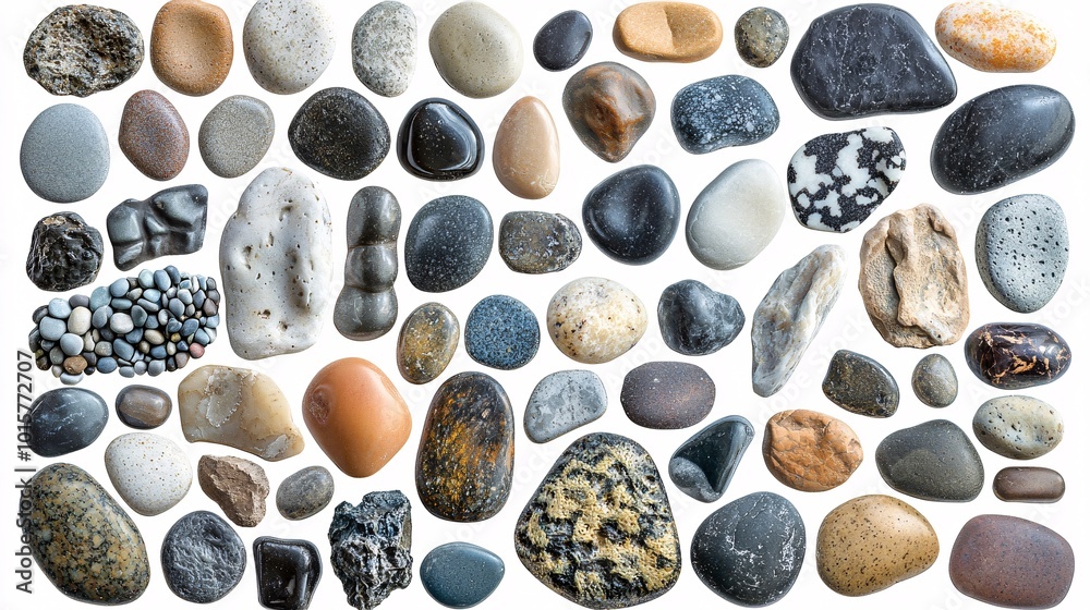 A diverse assortment of smooth stones in various sizes and hues, set against a white backdrop, ideal for contemporary design and creative projects. A diverse assortment of smooth stones in various sizes and hues, set against a white backdrop, ideal for contemporary design and creative projects.