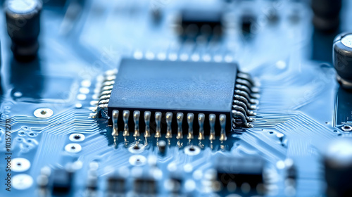 Closeup of a Microchip on a Blue Circuit Board with Soldered Connections