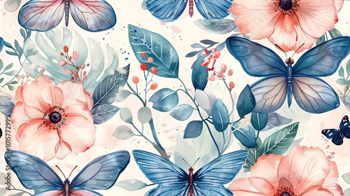 Fluid botanical design featuring watercolor pink and blue wildflowers, leaves, dragonflies, and butterflies; ideal for wrapping paper or wallpaper texture.