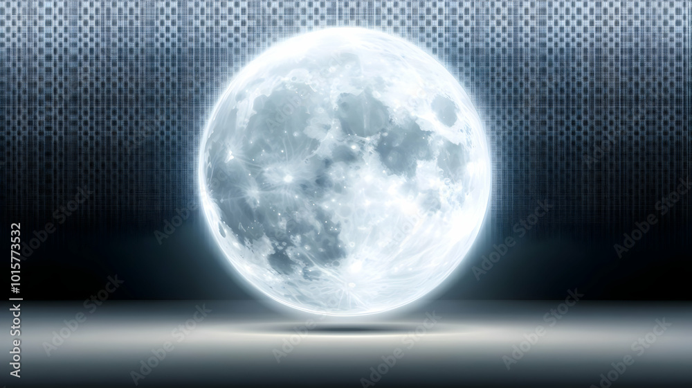 Glowing Full Moon with Abstract Pixelated Background - Digital Art Illustration