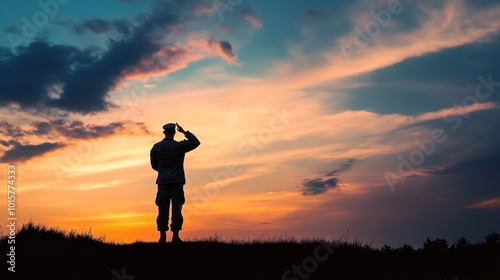 Silhouette of a Soldier Saluting at Sunset