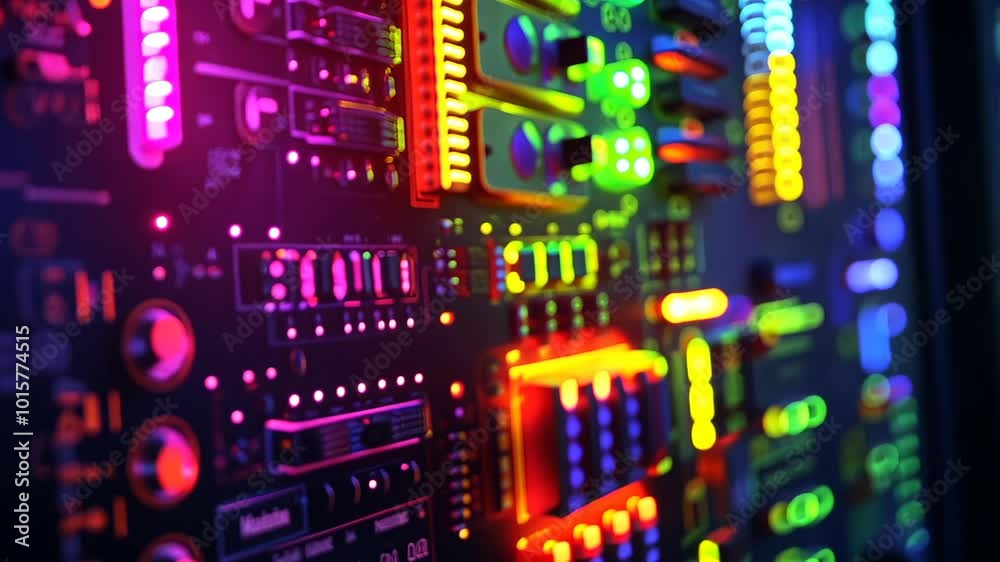 A close-up shot of colorful lights on a circuit board, glowing brightly in a dark room A close-up shot of colorful lights on a circuit board, glowing brightly in a dark room