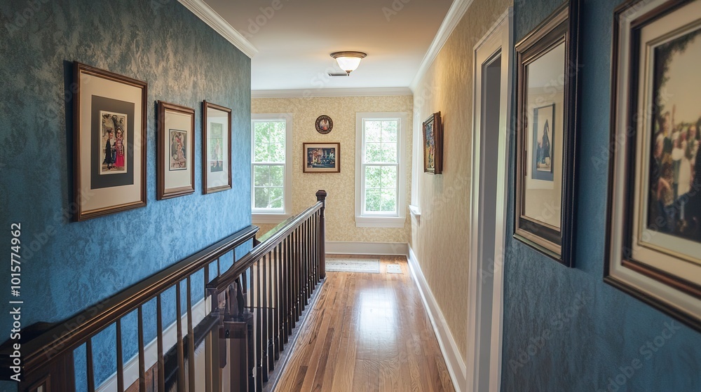 A once-dull hallway turned into an inviting space with a DIY gallery wall of family photos and artwork, complemented by a hand-painted mural or textured wallpaper. A once-dull hallway turned into an inviting space with a DIY gallery wall of family photos and artwork, complemented by a hand-painted mural or textured wallpaper.