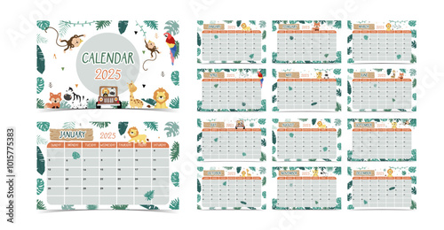 2025 table monthly calendar week start on Sunday with safari style for horizonral printable design