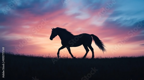 Silhouette of a Horse Running at Sunset
