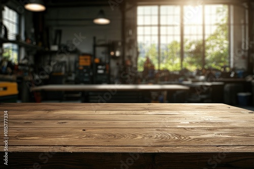 Wooden Table in a Busy Garage Workshop Setting