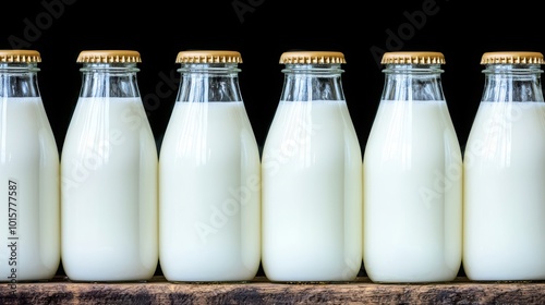 Fresh milk bottles neatly arranged with golden caps on a wooden surface, showcasing a rustic and wholesome dairy product.