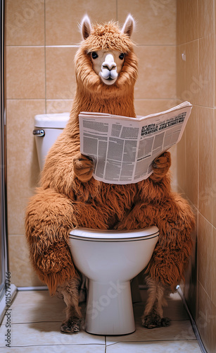 Alpaca reading a newspaper in the toilet generated by AI