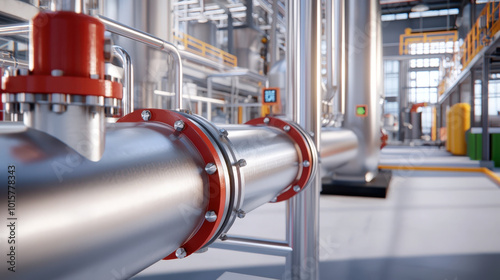 Industrial pipes and machinery in modern factory setting showcase advanced engineering and design. shiny metal surfaces and vibrant colors create dynamic atmosphere
