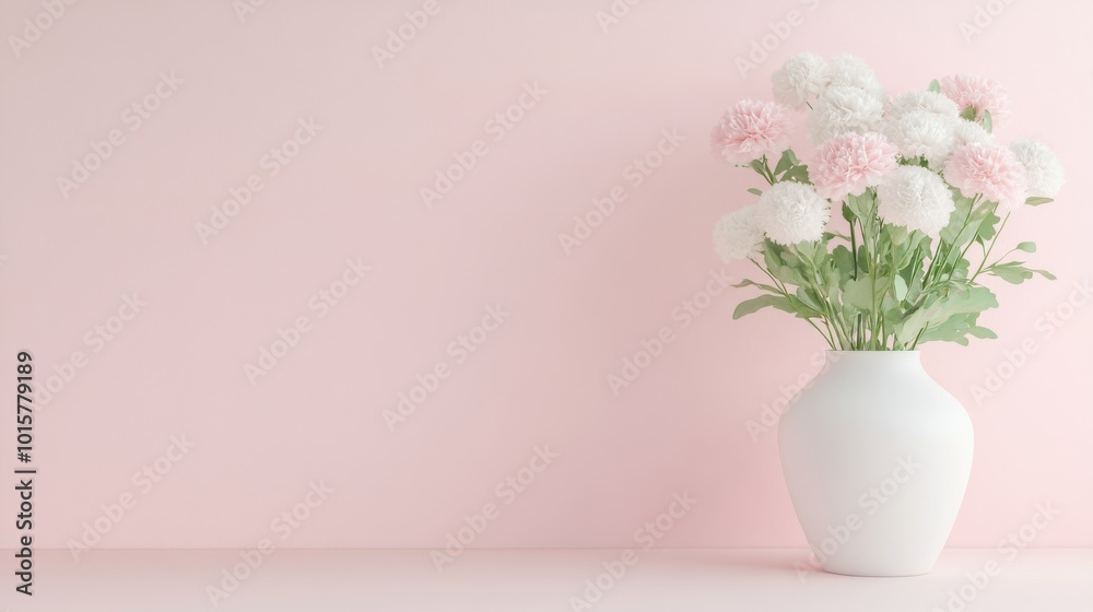 A white vase with pink flowers sits on a white wall