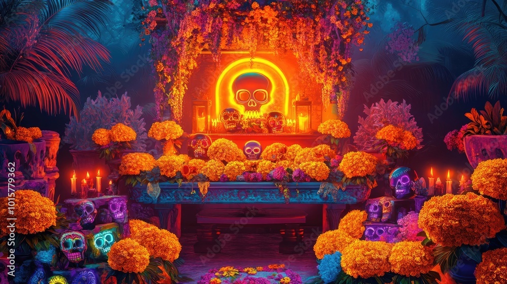 Obraz premium Vibrant altar decorated with marigolds, colorful skulls, and glowing lights, celebrating a festive tradition in a mystical setting.