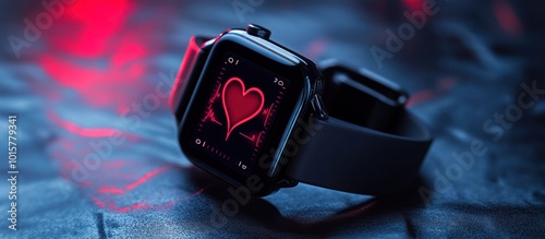 A black smartwatch with a red heart beat on the screen. photo