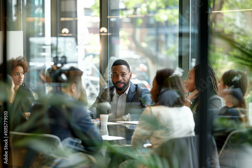 A group of professionals engage in a dynamic discussion in a modern, light-filled office café setting