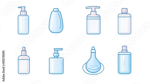 A set of six bottles of various sizes and shapes, all of which are blue