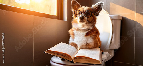 Cane legge un libro sul water