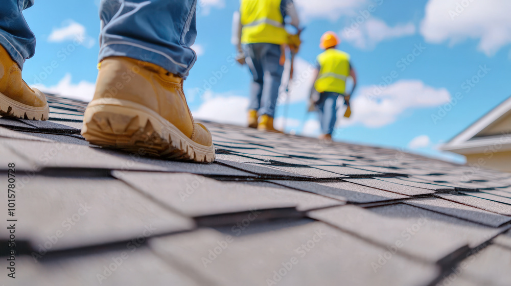 Workers on roof wearing safety gear and boots, showcasing construction site with clear blue skies. scene emphasizes teamwork and safety in construction Workers on roof wearing safety gear and boots, showcasing construction site with clear blue skies. scene emphasizes teamwork and safety in construction