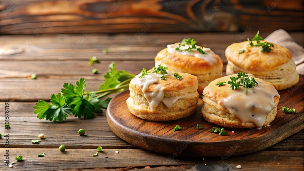 Buttery Biscuits Drizzled with Creamy Sauce, Garnished with Fresh Greenery on a Rustic Wooden Surface Buttery Biscuits Drizzled with Creamy Sauce, Garnished with Fresh Greenery on a Rustic Wooden Surface
