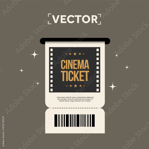 A Cinema ticket is being printed from a slot, with barcode isolated on grey background. Movie or theatre ticket. Vector illustration. Vector illustration