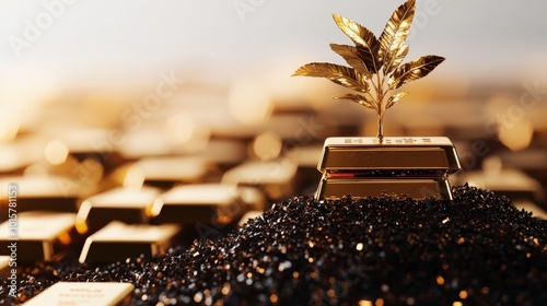Gold bars with a golden plant growing, symbolizing prosperity and wealth.