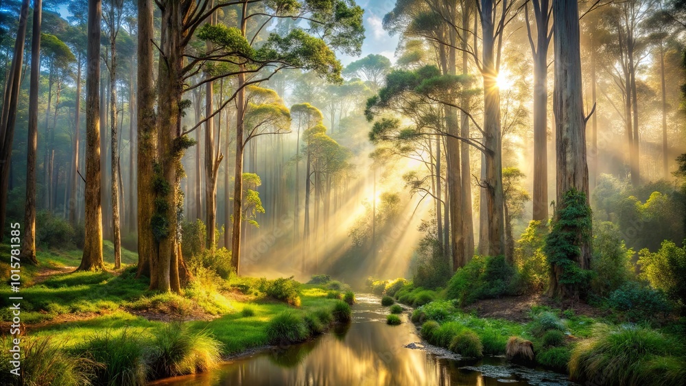 Obraz premium Golden Light Illuminates a Serene Forest Stream, Filtering Through Tall Trees and Creating a Mystic Atmosphere