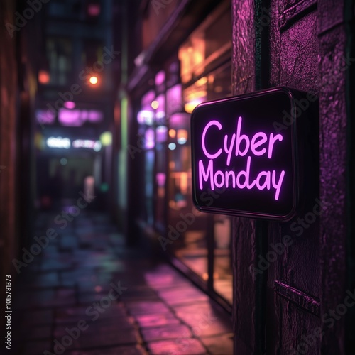 Cyber Monday purple neon sign in a commercial urban street with shops by night. Square photography with copy space