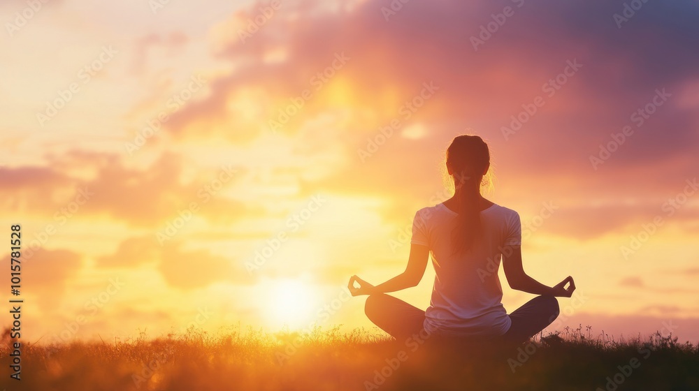 Woman meditating at sunset Woman meditating at sunset