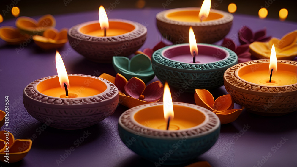 Traditional Diya Arrangement with Purple Lighting Traditional Diya Arrangement with Purple Lighting