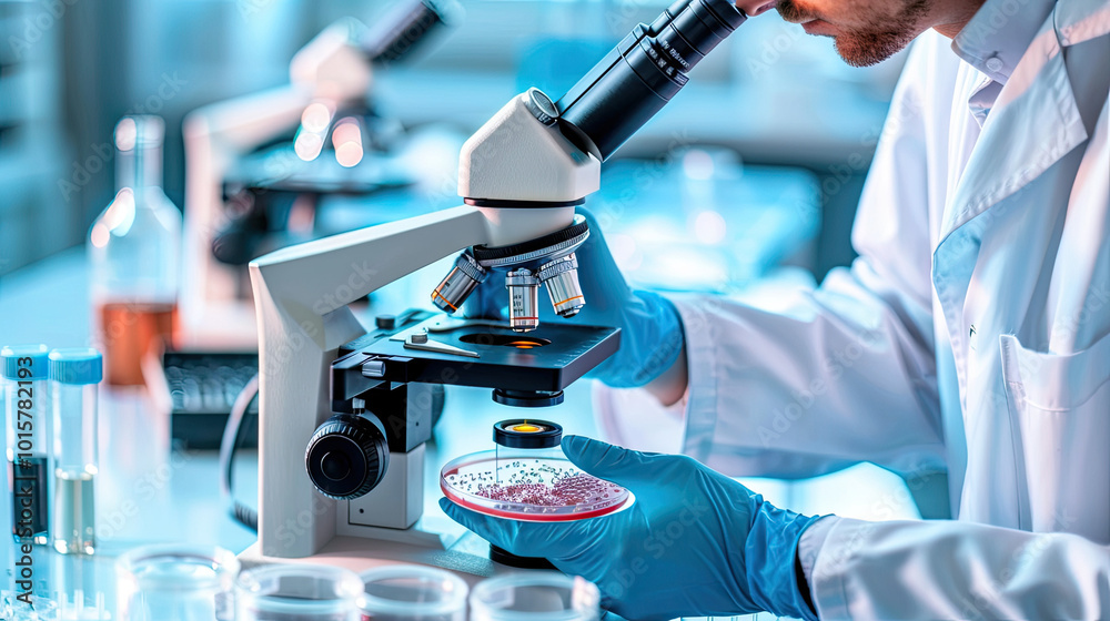 Scientist in lab coat examining microscope with bacteria samples in petri dish, symbolizing disease investigation and medical research. Scientist in lab coat examining microscope with bacteria samples in petri dish, symbolizing disease investigation and medical research.